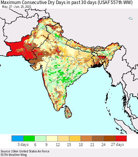 Southern Asia Maximum Consecutive Dry Days in past 30 days (USAF 557th WW) 06/25/2021 Thematic Map For 6/21/2021 - 6/25/2021