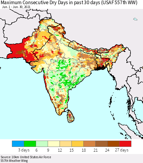 Southern Asia Maximum Consecutive Dry Days in past 30 days (USAF 557th WW) 06/30/2021 Thematic Map For 6/26/2021 - 6/30/2021