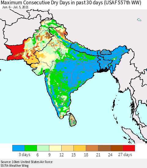 Southern Asia Maximum Consecutive Dry Days in past 30 days (USAF 557th WW) 07/05/2021 Thematic Map For 7/1/2021 - 7/5/2021