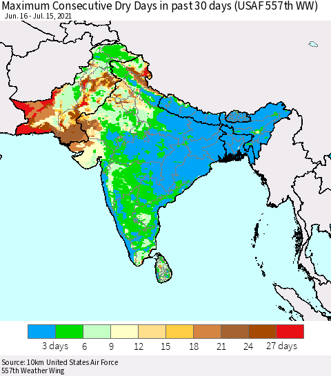 Southern Asia Maximum Consecutive Dry Days in past 30 days (USAF 557th WW) 07/15/2021 Thematic Map For 7/11/2021 - 7/15/2021