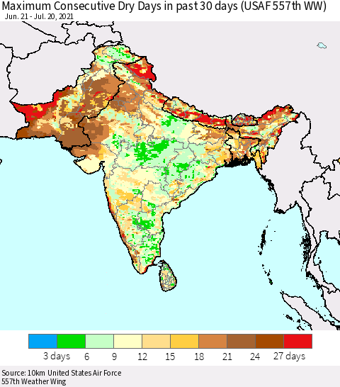 Southern Asia Maximum Consecutive Dry Days in past 30 days (USAF 557th WW) 07/20/2021 Thematic Map For 7/16/2021 - 7/20/2021