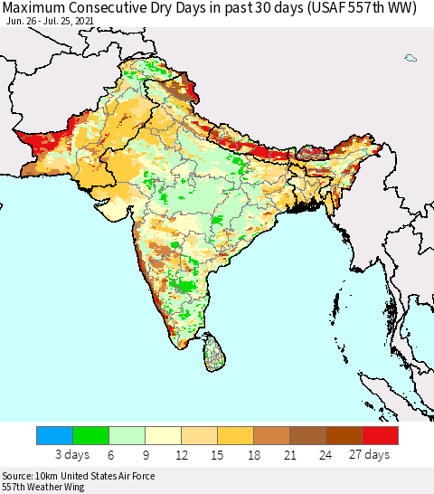 Southern Asia Maximum Consecutive Dry Days in past 30 days (USAF 557th WW) 07/25/2021 Thematic Map For 7/21/2021 - 7/25/2021
