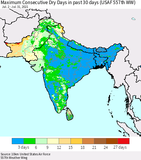 Southern Asia Maximum Consecutive Dry Days in past 30 days (USAF 557th WW) 07/31/2021 Thematic Map For 7/26/2021 - 7/31/2021