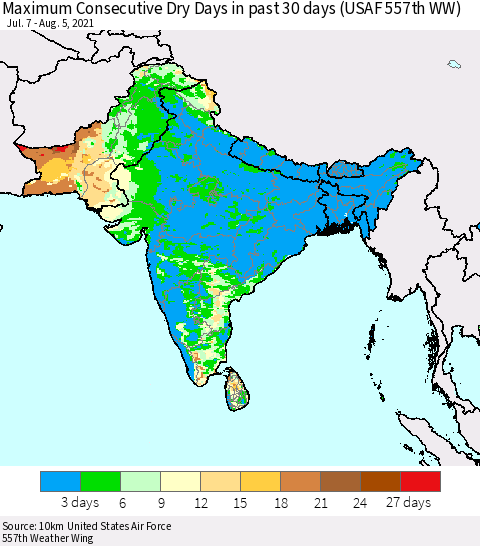 Southern Asia Maximum Consecutive Dry Days in past 30 days (USAF 557th WW) 08/05/2021 Thematic Map For 8/1/2021 - 8/5/2021
