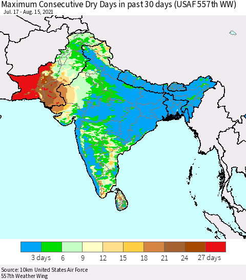 Southern Asia Maximum Consecutive Dry Days in past 30 days (USAF 557th WW) 08/15/2021 Thematic Map For 8/11/2021 - 8/15/2021