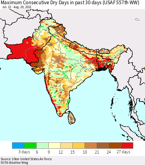 Southern Asia Maximum Consecutive Dry Days in past 30 days (USAF 557th WW) 08/20/2021 Thematic Map For 8/16/2021 - 8/20/2021