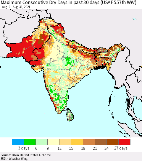 Southern Asia Maximum Consecutive Dry Days in past 30 days (USAF 557th WW) 08/31/2021 Thematic Map For 8/26/2021 - 8/31/2021