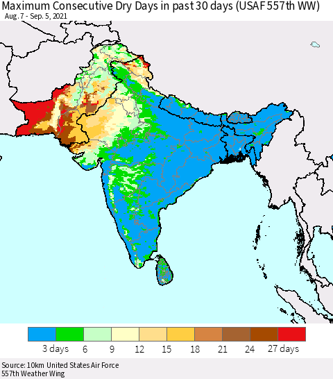 Southern Asia Maximum Consecutive Dry Days in past 30 days (USAF 557th WW) 09/05/2021 Thematic Map For 9/1/2021 - 9/5/2021