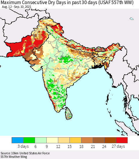 Southern Asia Maximum Consecutive Dry Days in past 30 days (USAF 557th WW) 09/10/2021 Thematic Map For 9/6/2021 - 9/10/2021