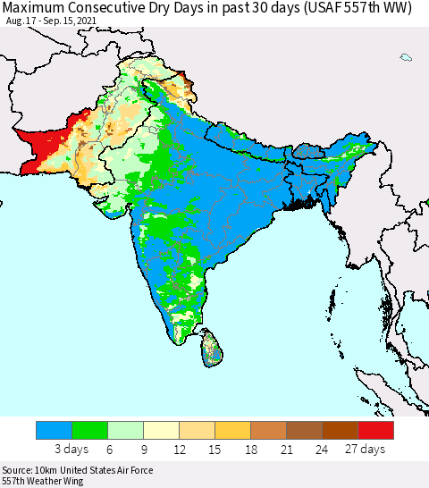 Southern Asia Maximum Consecutive Dry Days in past 30 days (USAF 557th WW) 09/15/2021 Thematic Map For 9/11/2021 - 9/15/2021