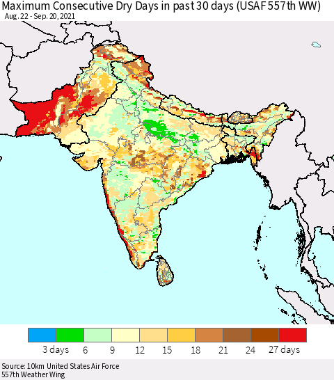 Southern Asia Maximum Consecutive Dry Days in past 30 days (USAF 557th WW) 09/20/2021 Thematic Map For 9/16/2021 - 9/20/2021