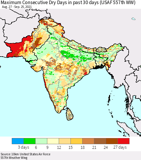 Southern Asia Maximum Consecutive Dry Days in past 30 days (USAF 557th WW) 09/25/2021 Thematic Map For 9/21/2021 - 9/25/2021