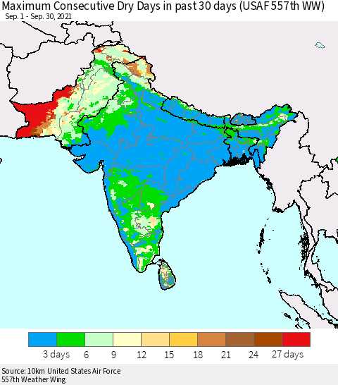 Southern Asia Maximum Consecutive Dry Days in past 30 days (USAF 557th WW) 09/30/2021 Thematic Map For 9/26/2021 - 9/30/2021