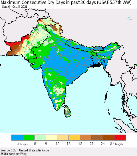 Southern Asia Maximum Consecutive Dry Days in past 30 days (USAF 557th WW) 10/05/2021 Thematic Map For 10/1/2021 - 10/5/2021