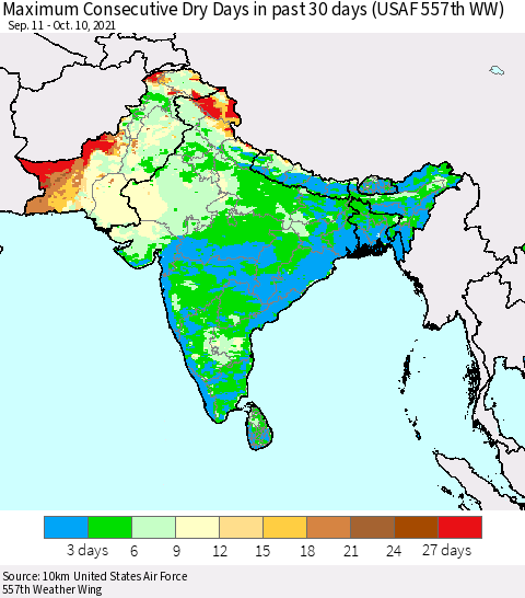 Southern Asia Maximum Consecutive Dry Days in past 30 days (USAF 557th WW) 10/10/2021 Thematic Map For 10/6/2021 - 10/10/2021