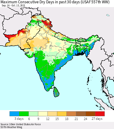 Southern Asia Maximum Consecutive Dry Days in past 30 days (USAF 557th WW) 10/15/2021 Thematic Map For 10/11/2021 - 10/15/2021