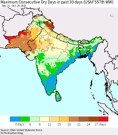 Southern Asia Maximum Consecutive Dry Days in past 30 days (USAF 557th WW) 10/20/2021 Thematic Map For 10/16/2021 - 10/20/2021