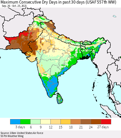 Southern Asia Maximum Consecutive Dry Days in past 30 days (USAF 557th WW) 10/25/2021 Thematic Map For 10/21/2021 - 10/25/2021