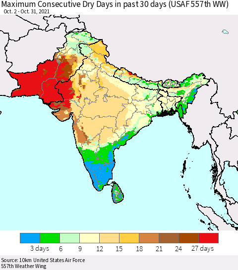 Southern Asia Maximum Consecutive Dry Days in past 30 days (USAF 557th WW) 10/31/2021 Thematic Map For 10/26/2021 - 10/31/2021