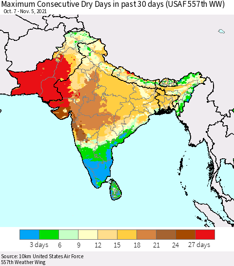 Southern Asia Maximum Consecutive Dry Days in past 30 days (USAF 557th WW) 11/05/2021 Thematic Map For 11/1/2021 - 11/5/2021