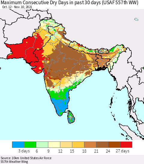 Southern Asia Maximum Consecutive Dry Days in past 30 days (USAF 557th WW) 11/10/2021 Thematic Map For 11/6/2021 - 11/10/2021