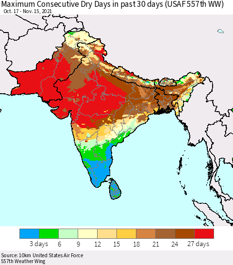 Southern Asia Maximum Consecutive Dry Days in past 30 days (USAF 557th WW) 11/15/2021 Thematic Map For 11/11/2021 - 11/15/2021