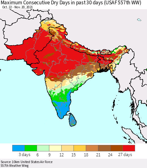 Southern Asia Maximum Consecutive Dry Days in past 30 days (USAF 557th WW) 11/20/2021 Thematic Map For 11/16/2021 - 11/20/2021