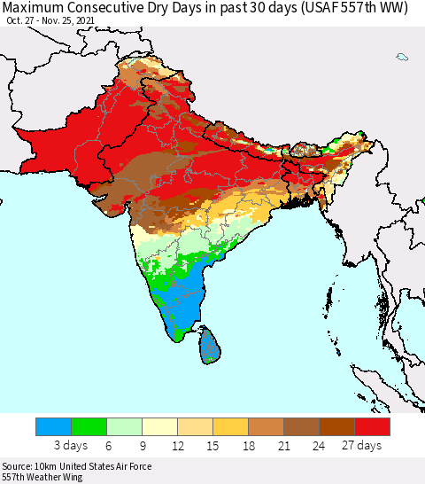 Southern Asia Maximum Consecutive Dry Days in past 30 days (USAF 557th WW) 11/25/2021 Thematic Map For 11/21/2021 - 11/25/2021