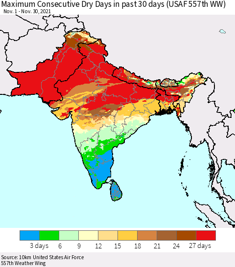 Southern Asia Maximum Consecutive Dry Days in past 30 days (USAF 557th WW) 11/30/2021 Thematic Map For 11/26/2021 - 11/30/2021