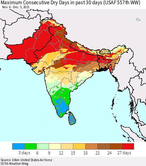 Southern Asia Maximum Consecutive Dry Days in past 30 days (USAF 557th WW) 12/05/2021 Thematic Map For 12/1/2021 - 12/5/2021