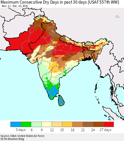 Southern Asia Maximum Consecutive Dry Days in past 30 days (USAF 557th WW) 12/10/2021 Thematic Map For 12/6/2021 - 12/10/2021