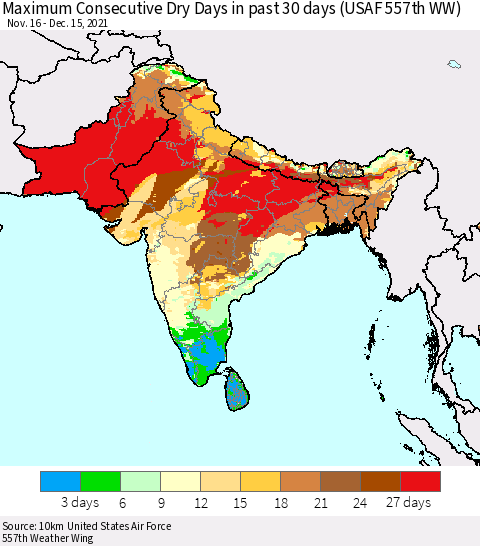Southern Asia Maximum Consecutive Dry Days in past 30 days (USAF 557th WW) 12/15/2021 Thematic Map For 12/11/2021 - 12/15/2021