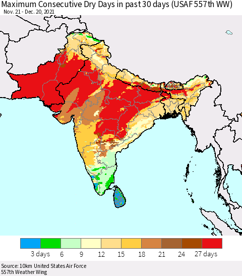 Southern Asia Maximum Consecutive Dry Days in past 30 days (USAF 557th WW) 12/20/2021 Thematic Map For 12/16/2021 - 12/20/2021