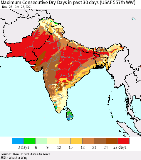 Southern Asia Maximum Consecutive Dry Days in past 30 days (USAF 557th WW) 12/25/2021 Thematic Map For 12/21/2021 - 12/25/2021