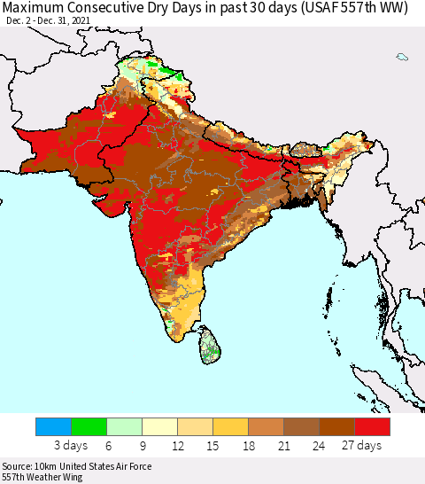 Southern Asia Maximum Consecutive Dry Days in past 30 days (USAF 557th WW) 12/31/2021 Thematic Map For 12/26/2021 - 12/31/2021