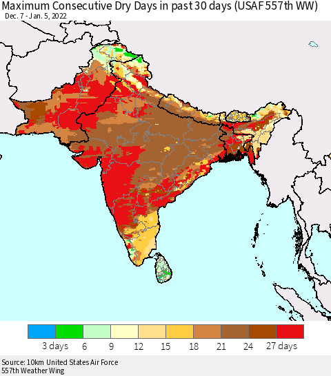 Southern Asia Maximum Consecutive Dry Days in past 30 days (USAF 557th WW) 01/05/2022 Thematic Map For 1/1/2022 - 1/5/2022