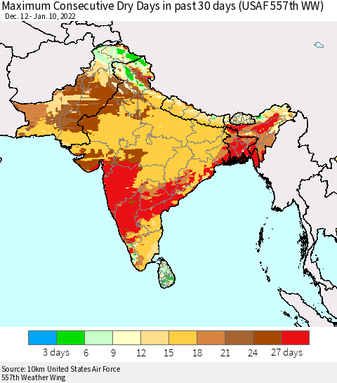 Southern Asia Maximum Consecutive Dry Days in past 30 days (USAF 557th WW) 01/10/2022 Thematic Map For 1/6/2022 - 1/10/2022