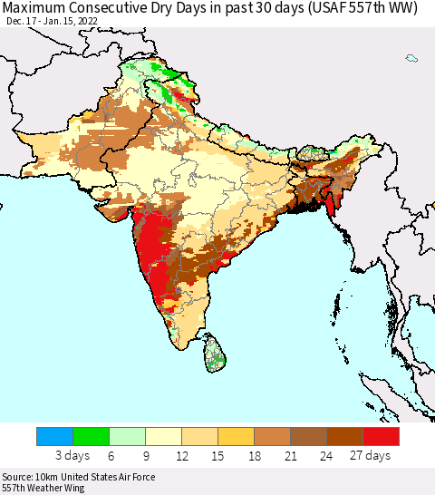 Southern Asia Maximum Consecutive Dry Days in past 30 days (USAF 557th WW) 01/15/2022 Thematic Map For 1/11/2022 - 1/15/2022