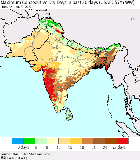 Southern Asia Maximum Consecutive Dry Days in past 30 days (USAF 557th WW) 01/20/2022 Thematic Map For 1/16/2022 - 1/20/2022