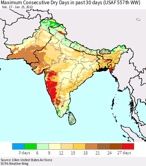 Southern Asia Maximum Consecutive Dry Days in past 30 days (USAF 557th WW) 01/25/2022 Thematic Map For 1/21/2022 - 1/25/2022