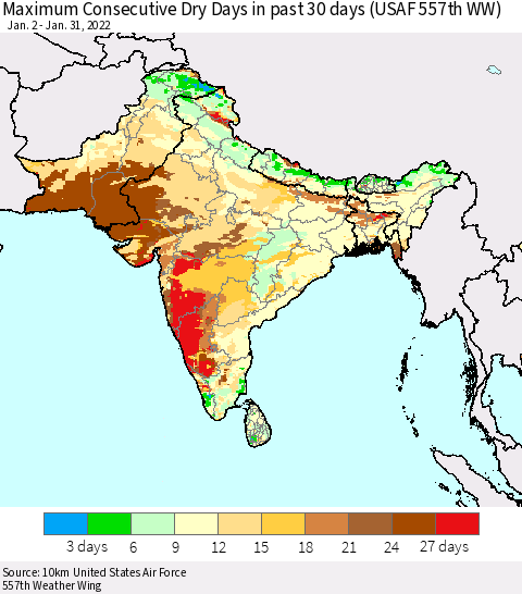 Southern Asia Maximum Consecutive Dry Days in past 30 days (USAF 557th WW) 01/31/2022 Thematic Map For 1/26/2022 - 1/31/2022