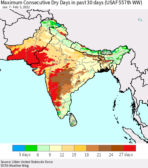 Southern Asia Maximum Consecutive Dry Days in past 30 days (USAF 557th WW) 02/05/2022 Thematic Map For 2/1/2022 - 2/5/2022