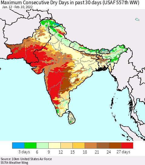 Southern Asia Maximum Consecutive Dry Days in past 30 days (USAF 557th WW) 02/10/2022 Thematic Map For 2/6/2022 - 2/10/2022