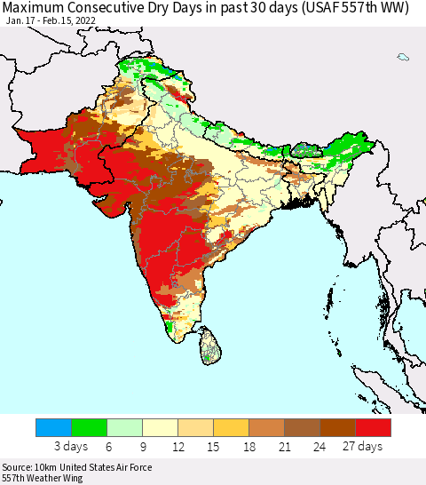 Southern Asia Maximum Consecutive Dry Days in past 30 days (USAF 557th WW) 02/15/2022 Thematic Map For 2/11/2022 - 2/15/2022