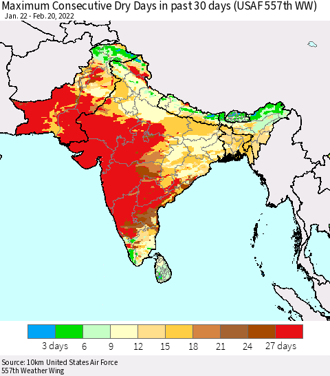 Southern Asia Maximum Consecutive Dry Days in past 30 days (USAF 557th WW) 02/20/2022 Thematic Map For 2/16/2022 - 2/20/2022