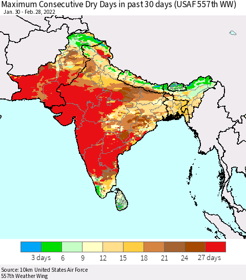 Southern Asia Maximum Consecutive Dry Days in past 30 days (USAF 557th WW) 02/28/2022 Thematic Map For 2/26/2022 - 2/28/2022