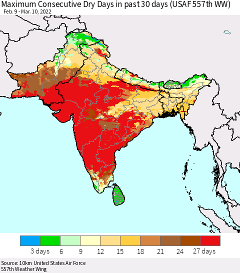 Southern Asia Maximum Consecutive Dry Days in past 30 days (USAF 557th WW) 03/10/2022 Thematic Map For 3/6/2022 - 3/10/2022
