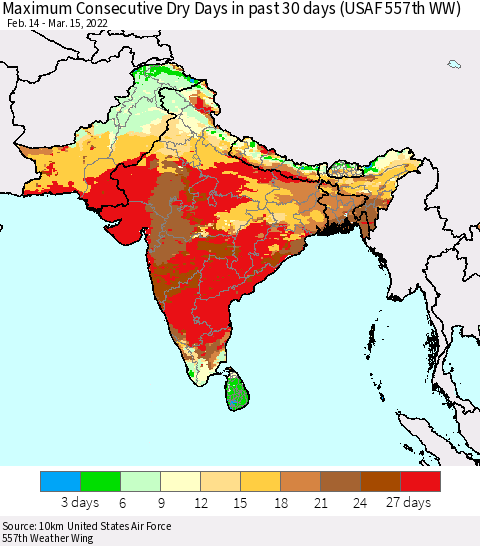 Southern Asia Maximum Consecutive Dry Days in past 30 days (USAF 557th WW) 03/15/2022 Thematic Map For 3/11/2022 - 3/15/2022
