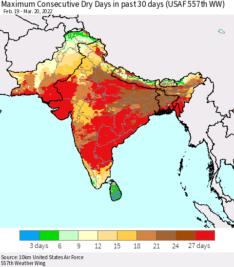 Southern Asia Maximum Consecutive Dry Days in past 30 days (USAF 557th WW) 03/20/2022 Thematic Map For 3/16/2022 - 3/20/2022
