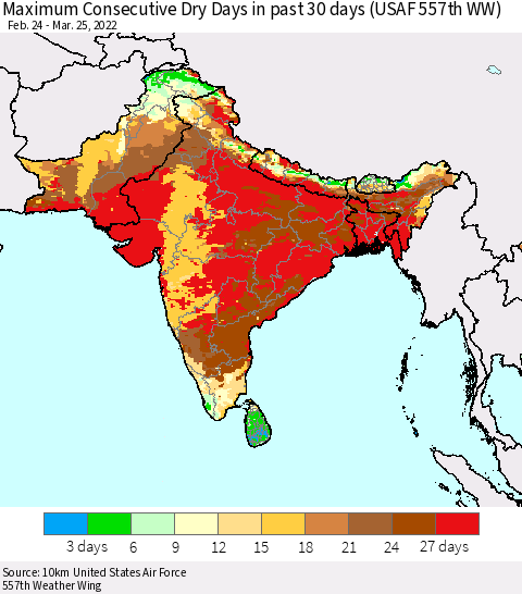 Southern Asia Maximum Consecutive Dry Days in past 30 days (USAF 557th WW) 03/25/2022 Thematic Map For 3/21/2022 - 3/25/2022
